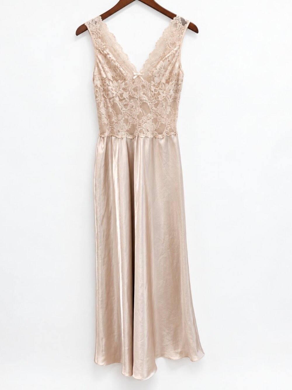 Vintage 80s 90s Maxi Lace Nightgown/Slip Night Dress Champagne Satin Size Small